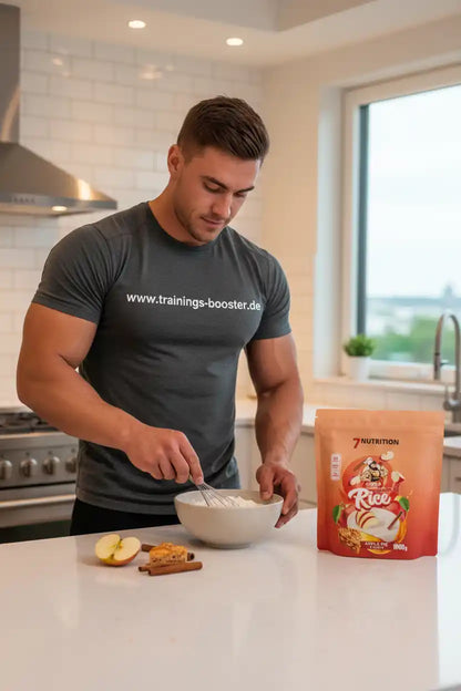 Muskulöser Mann bereitet Protein-Porridge mit Apfel und Zimt zu – ideal für Sportler und Fitness-Enthusiasten