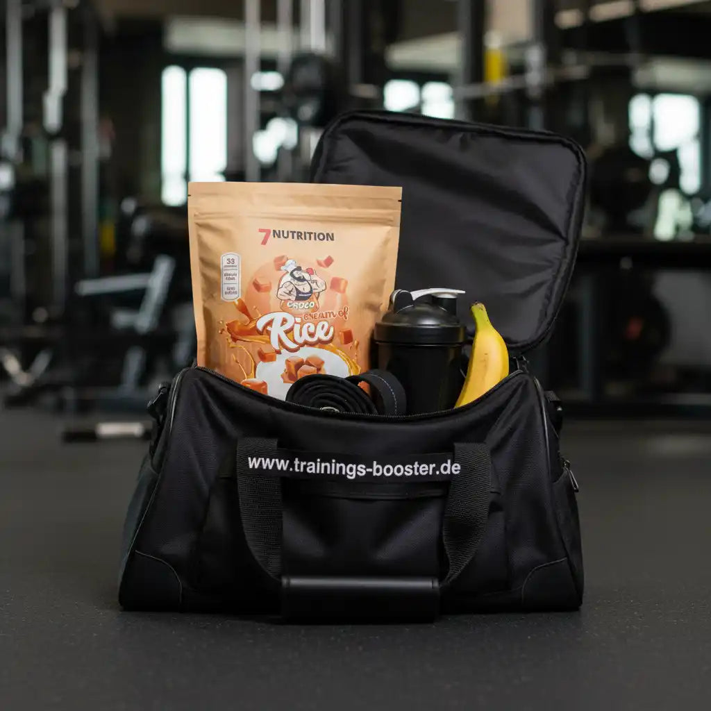 Schwarze Sporttasche mit 7Nutrition Choco Cream of Rice, Shaker und Banane im Fitnessstudio