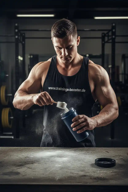 Muskulöser Mann mischt Proteinpulver in Shaker im Fitnessstudio, ideal für Training & Muskelaufbau