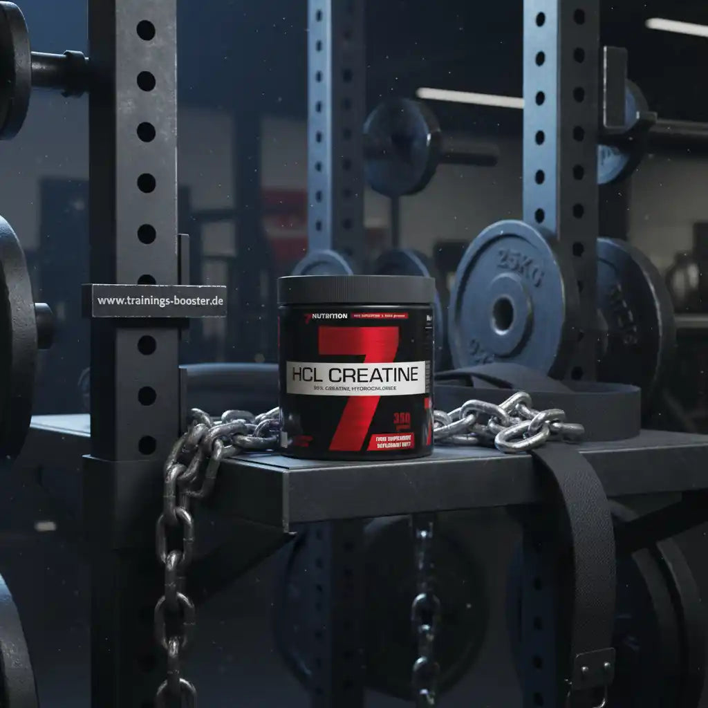 HCL Creatine Nahrungsergänzungsmittel im Fitnessstudio mit Gewichten und Ketten