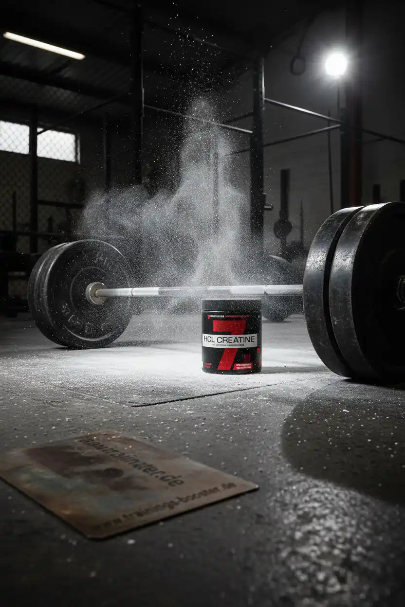 HCL Creatine Pulver neben Hantel im Fitnessstudio für Krafttraining und Muskelaufbau