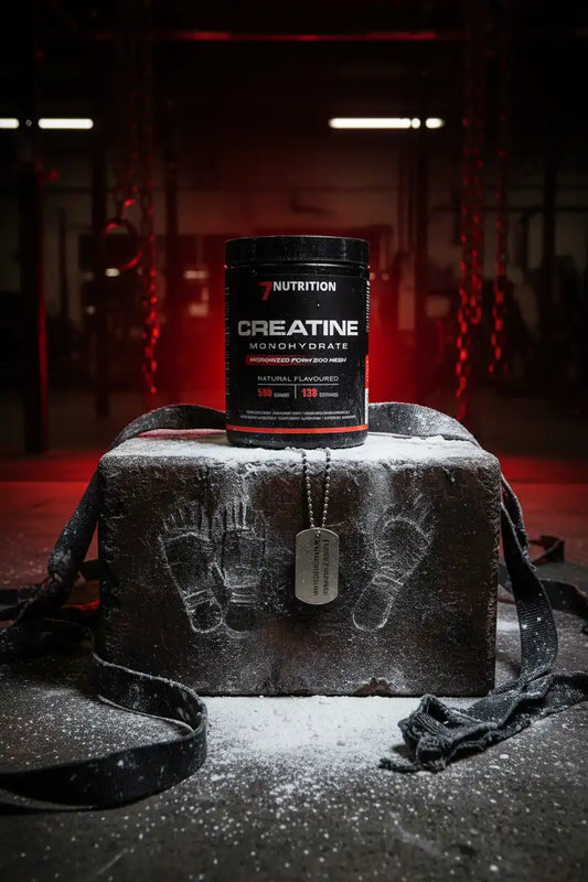 7Nutrition Creatine Monohydrat in Fitnessumgebung mit Gewicht und Trainingsausrüstung