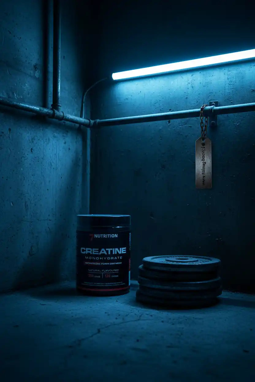 Creatine Monohydrat Dose neben Gewichten in blau beleuchtetem Raum