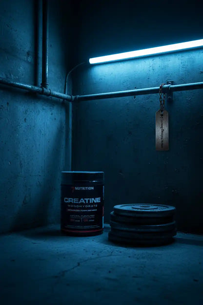 Creatine Monohydrat Dose neben Gewichten in blau beleuchtetem Raum