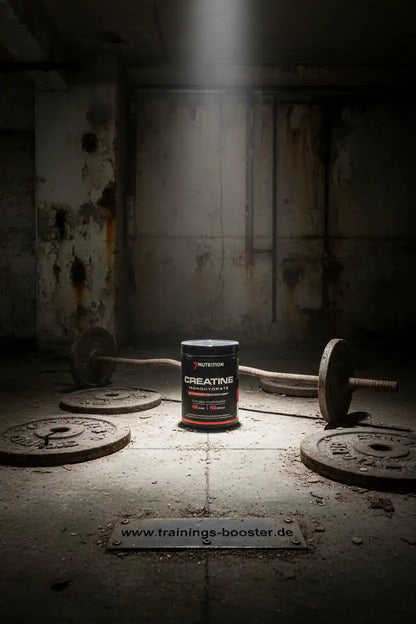 Creatine Monohydrat für Sportler, umgeben von Hanteln in rustikaler Umgebung