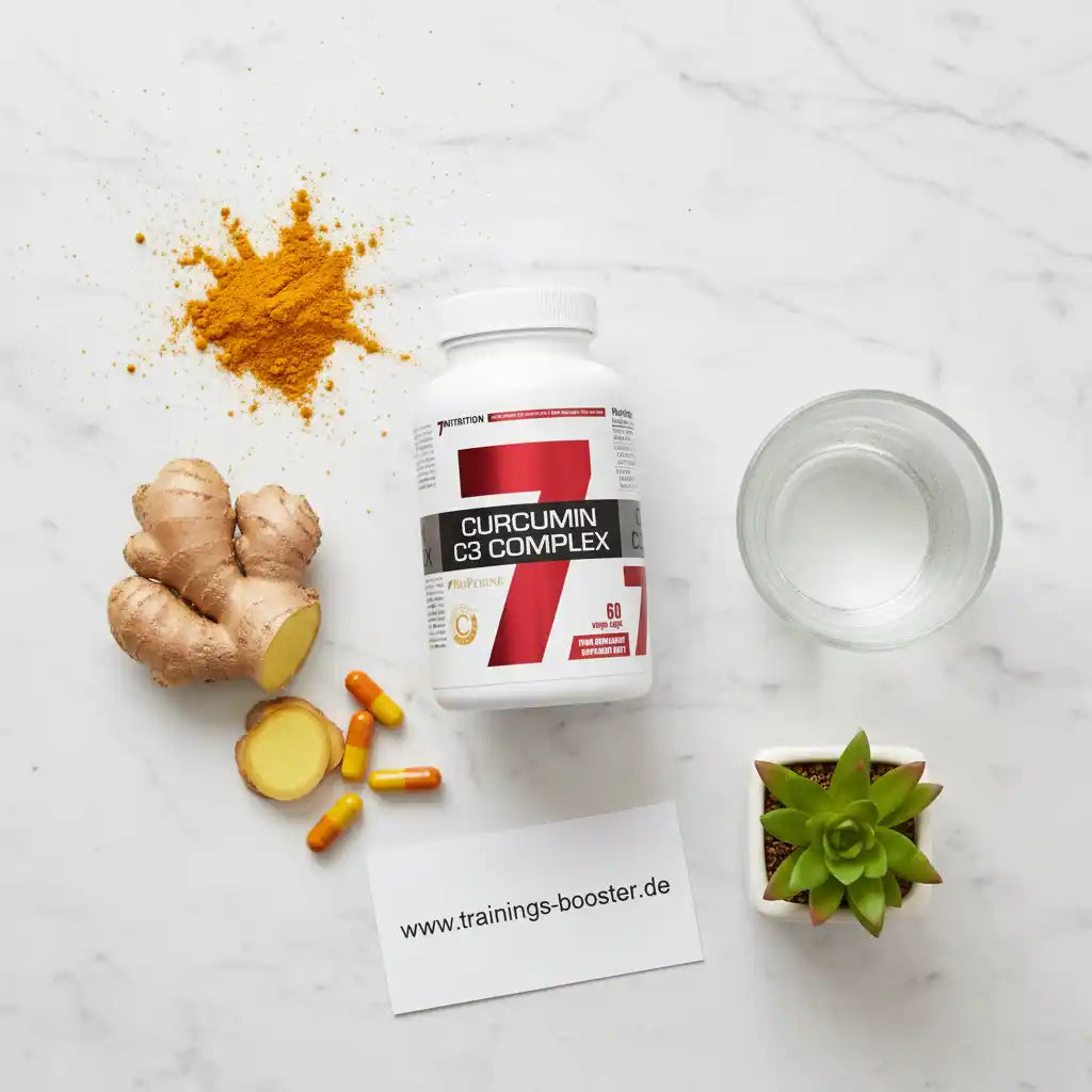 Curcumin C3 Complex Kapseln mit frischem Ingwer und Kurkuma-Pulver auf Marmor, ideal für Sport und Gesundheit