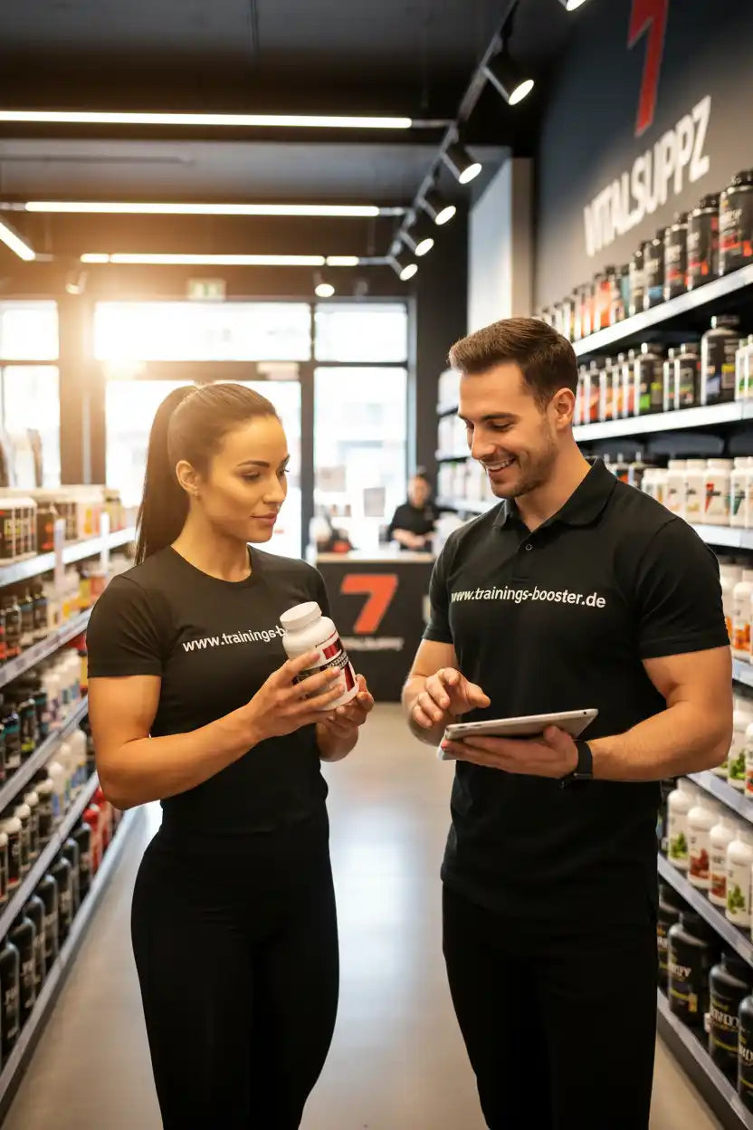 Mitarbeiter beraten Kundin zu Sportnahrung und Booster im Fitnessshop
