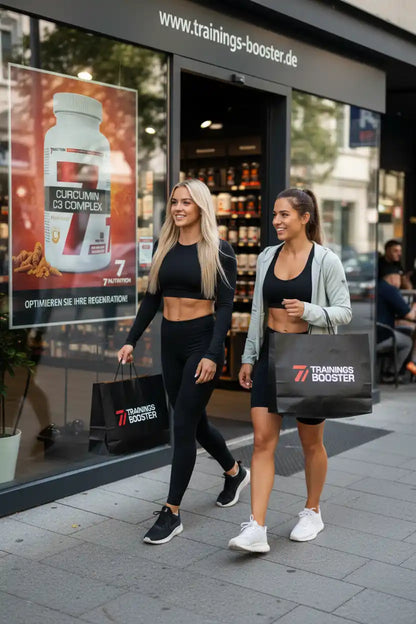 Zwei Frauen mit Trainings-Booster-Einkaufstüten vor Sportnahrungsgeschäft, Curcumin C3 Complex Werbung im Fenster