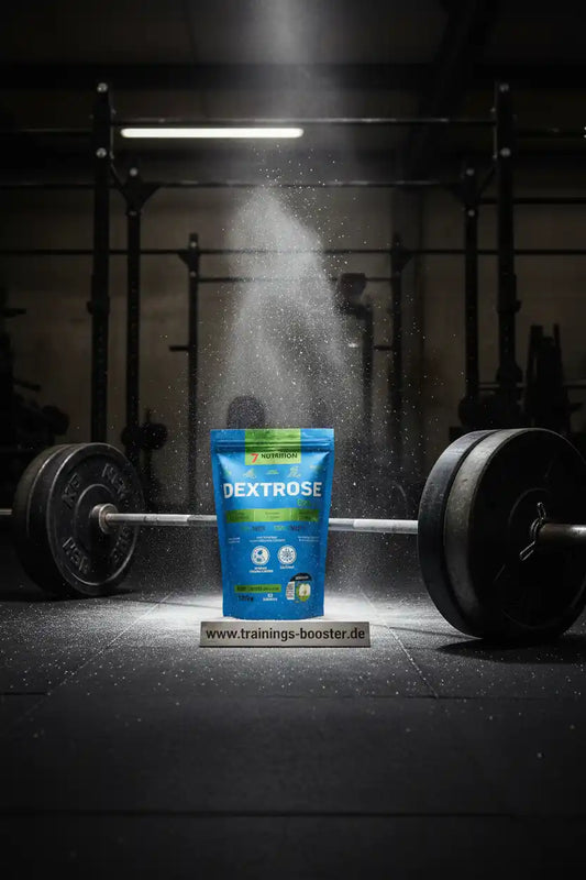 Dextrose Pulver vor Hantel im Fitnessstudio, ideal für Sportler und Training