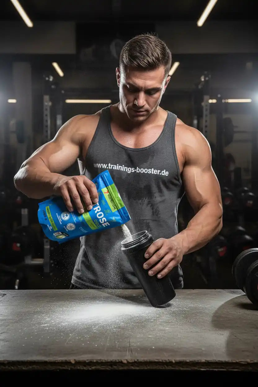 Muskulöser Mann gießt Proteinpulver in Shaker im Fitnessstudio
