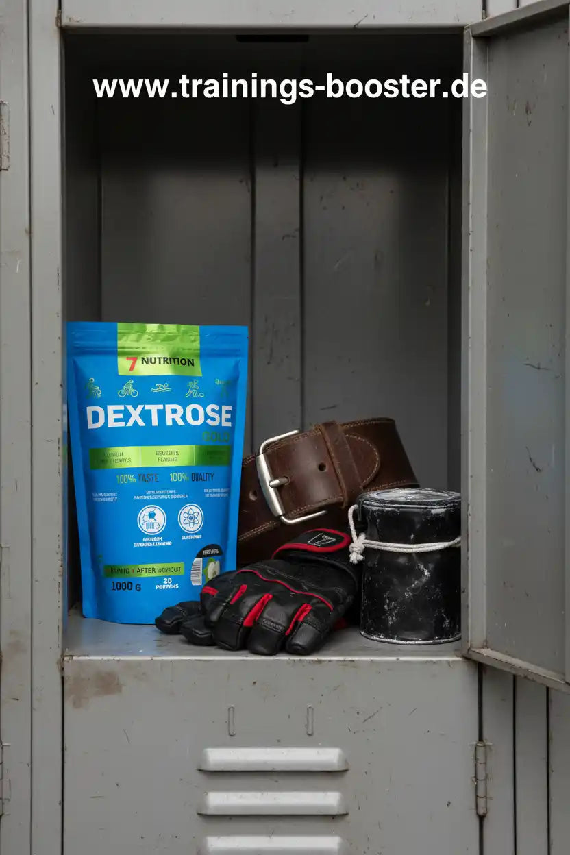 Dextrose Gold von 7 Nutrition in blauer Verpackung mit Trainingshandschuhen und Gürtel im Spind