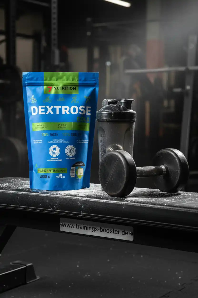 Dextrose Gold von 7 Nutrition, ideal für Sportler, neben Shaker und Hantel im Fitnessstudio