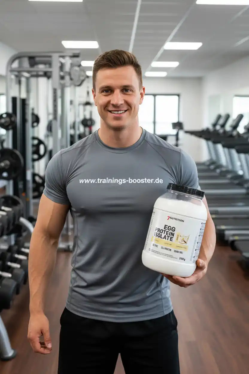 Muskulöser Mann im Fitnessstudio mit Eiweißpulver für Muskelaufbau und Training