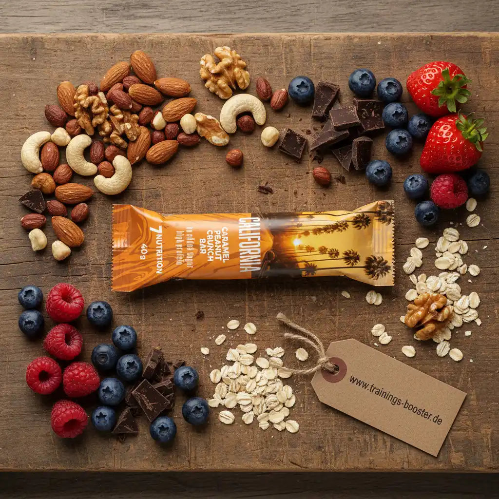 California Caramel Peanut Crunch Proteinriegel mit Nüssen, Beeren & Schokolade auf Holz