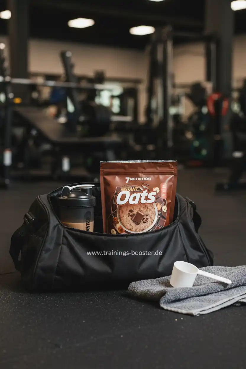 7Nutrition Instant Oats in Sporttasche im Fitnessstudio mit Shaker und Messlöffel
