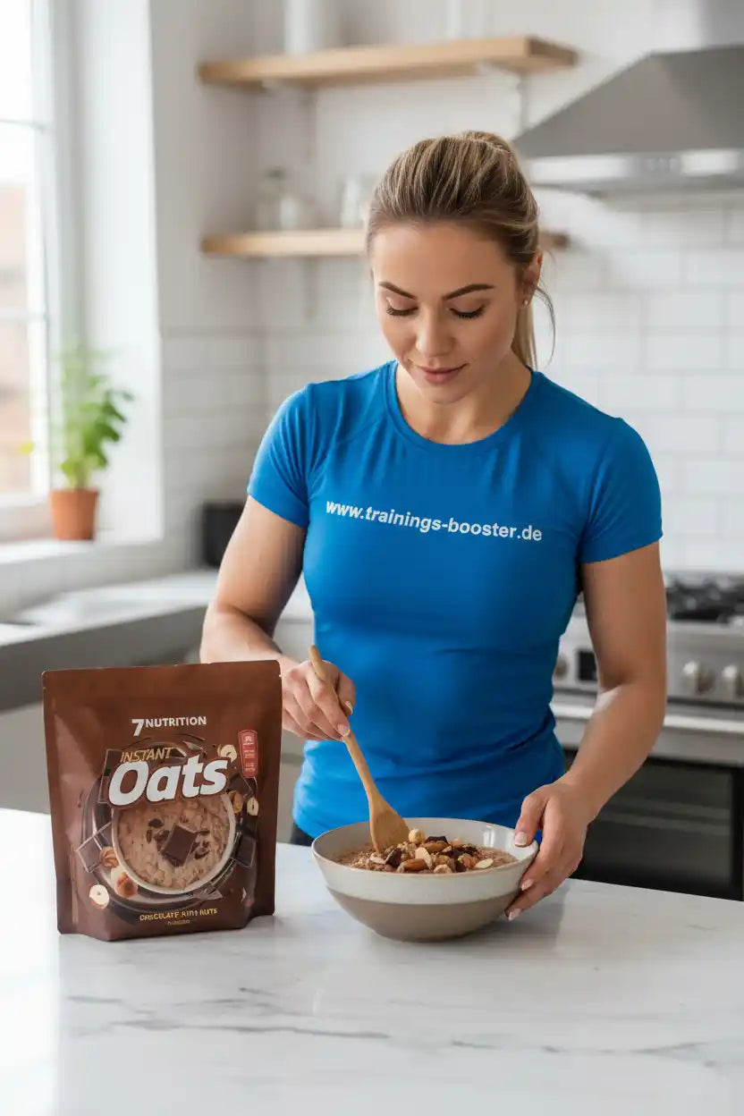 Frau mit 7Nutrition Instant Oats Schokolade & Nüsse in der Küche, ideal für Sportnahrung und Booster