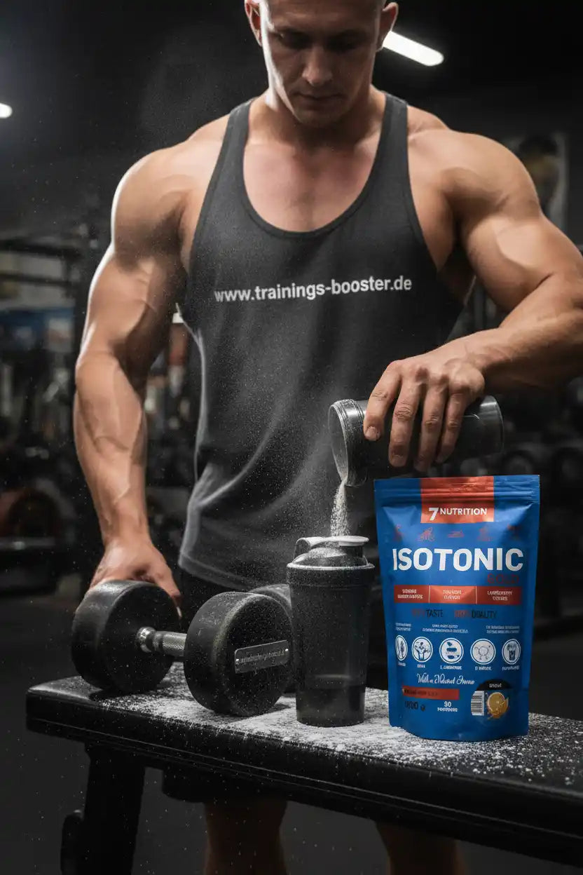 Muskulöser Mann im Fitnessstudio bereitet Isotonisches Getränk mit Proteinpulver vor – ideal für Training und Muskelaufbau