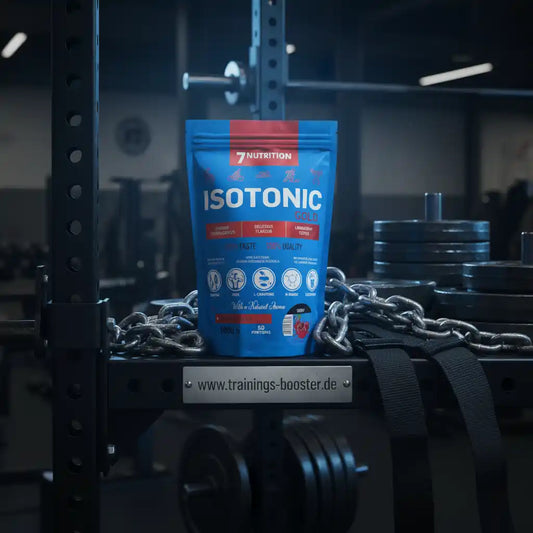 Isotonisches Sportgetränk Gold von 7Nutrition im Fitnessstudio, ideal für Training und Leistung
