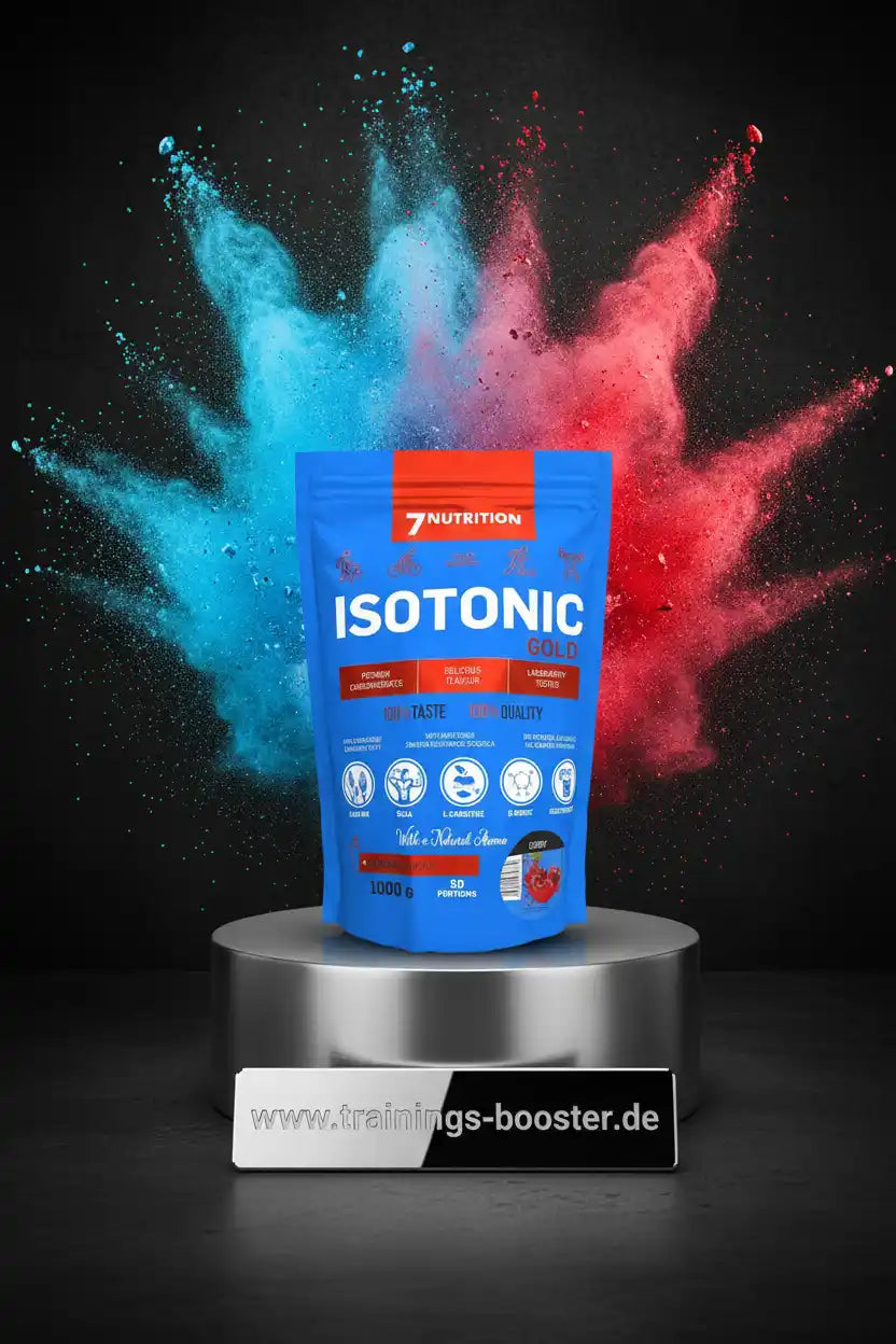 Isotonisches Gold-Booster-Pulver von 7Nutrition mit blau-rotem Farbspritzer, ideal für Sportler und Training