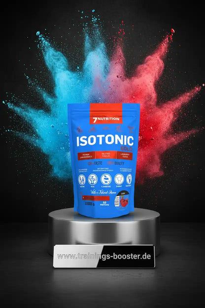 Isotonisches Gold-Booster-Pulver von 7Nutrition mit blau-rotem Farbspritzer, ideal für Sportler und Training