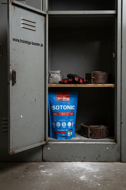 Isotonisches Sportgetränk in blauer Verpackung im Spind neben Trainingshandschuhen und Gewichthebergürtel