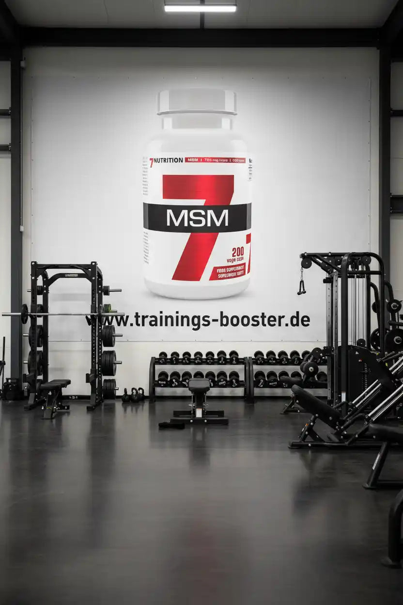 MSM Nahrungsergänzungsmittel in modernem Fitnessstudio mit Trainingsgeräten und 7Nutrition-Produktwand
