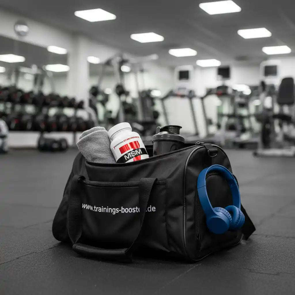 Fitness-Tasche mit MSM-Booster, Shaker und Kopfhörern im Gym – ideal für Training und Sportnahrung