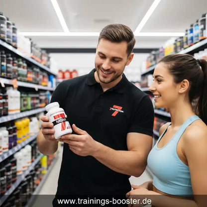 Mann und Frau betrachten MSM-Booster in Sportnahrungsladen, ideal für Training und Fitness