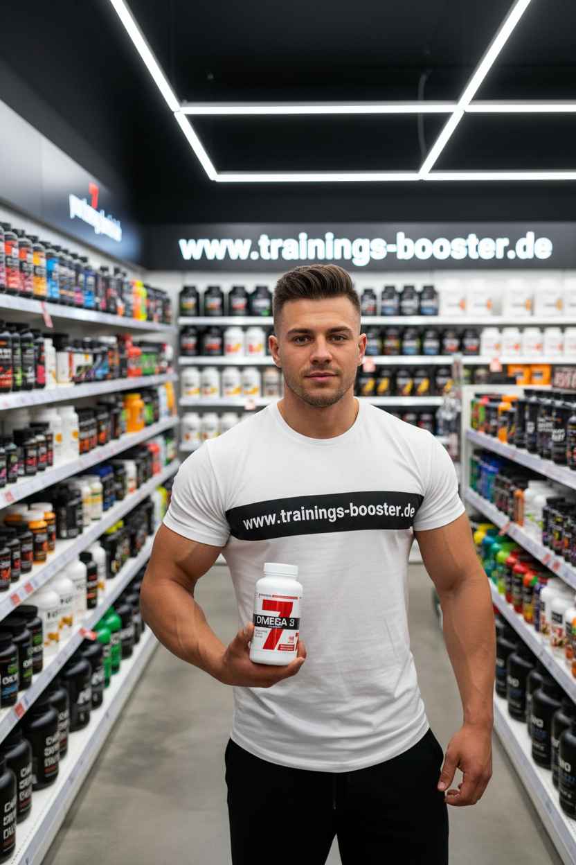 Muskulöser Mann hält Omega-3-Booster in Sportnahrungsladen, Regale mit Nahrungsergänzungsmitteln im Hintergrund