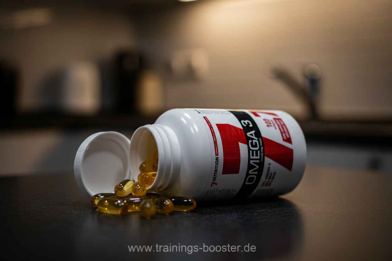 Omega-3-Kapseln aus einer weißen Flasche auf dunkler Oberfläche, ideal für Sportnahrung und Nahrungsergänzung