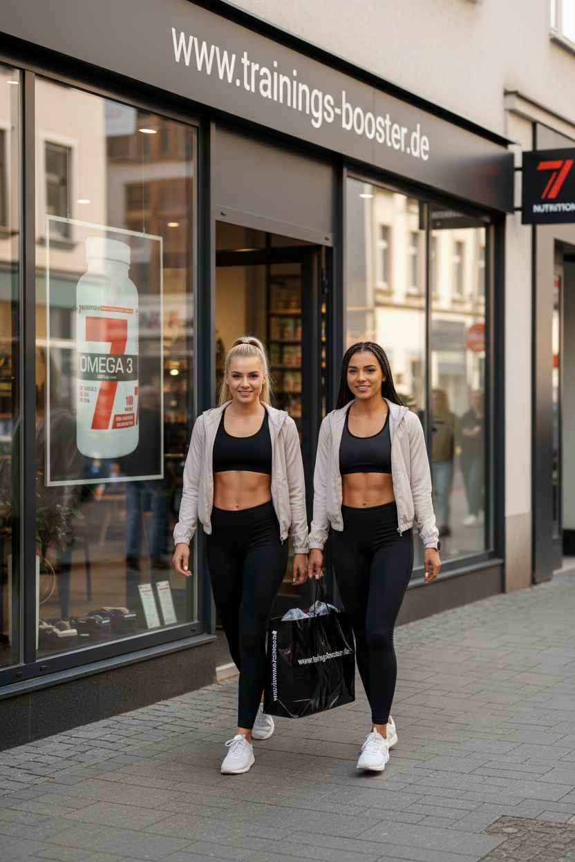 Zwei Frauen in Sportbekleidung vor einem Nahrungsergänzungsgeschäft mit Omega-3-Produkt im Schaufenster