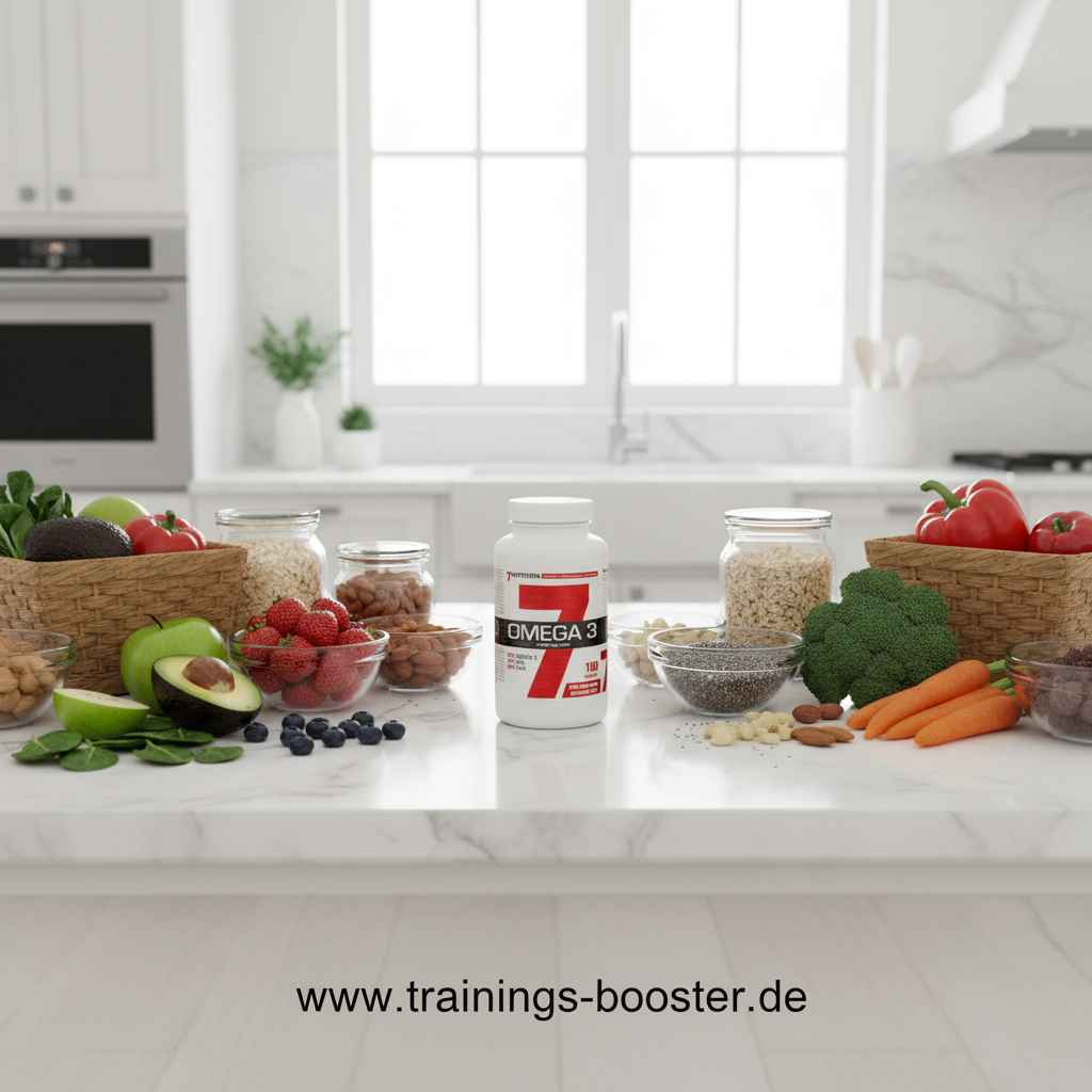Omega-3-Kapseln mit frischem Obst, Gemüse und Nüssen in moderner Küche – gesunde Ernährung & Sportnahrung