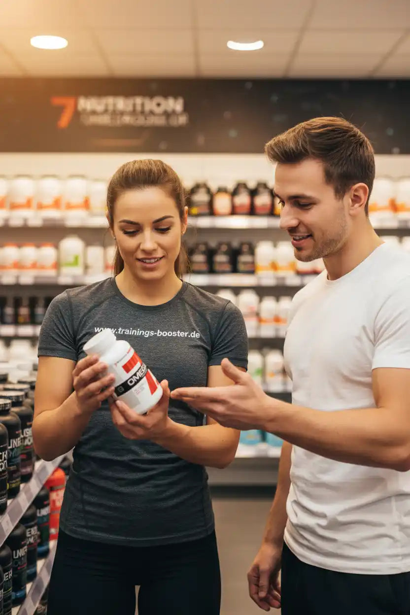 Mann und Frau betrachten Omega-3-Booster in Sportnahrungsladen, ideal für Fitness und Training