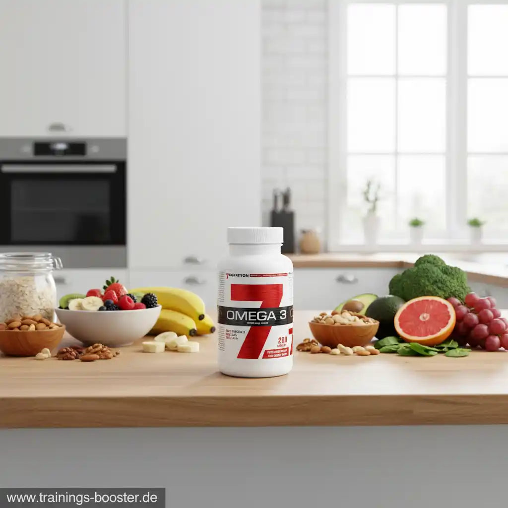 Omega-3-Kapseln auf Küchentheke mit frischem Obst und Nüssen für gesunde Ernährung und Sportnahrung