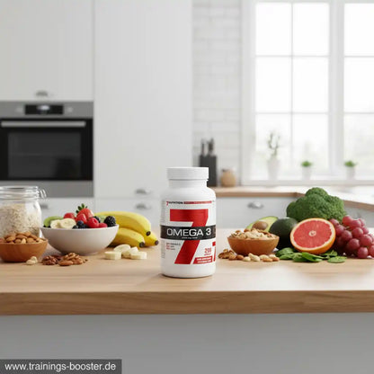 Omega-3-Kapseln auf Küchentheke mit frischem Obst und Nüssen für gesunde Ernährung und Sportnahrung