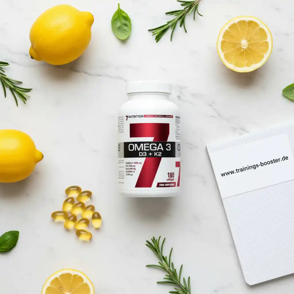 Omega-3-D3-K2-Kapseln mit Zitronen und Rosmarin auf Marmor