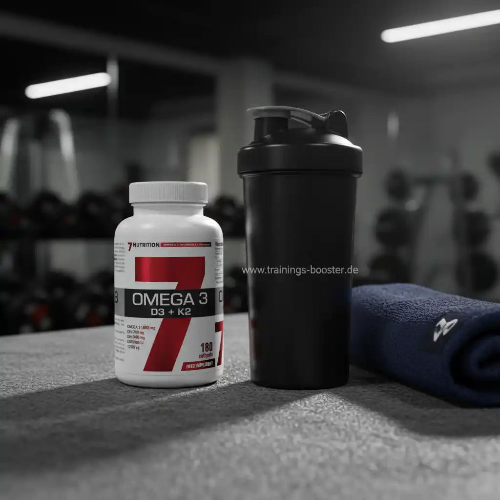 Omega-3 D3+K2 Nahrungsergänzungsmittel mit Shaker im Fitnessstudio