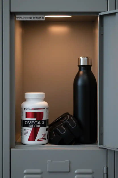Omega 3 D3 + K2 Nahrungsergänzungsmittel in einem Spind mit Trinkflasche und Fitnessband