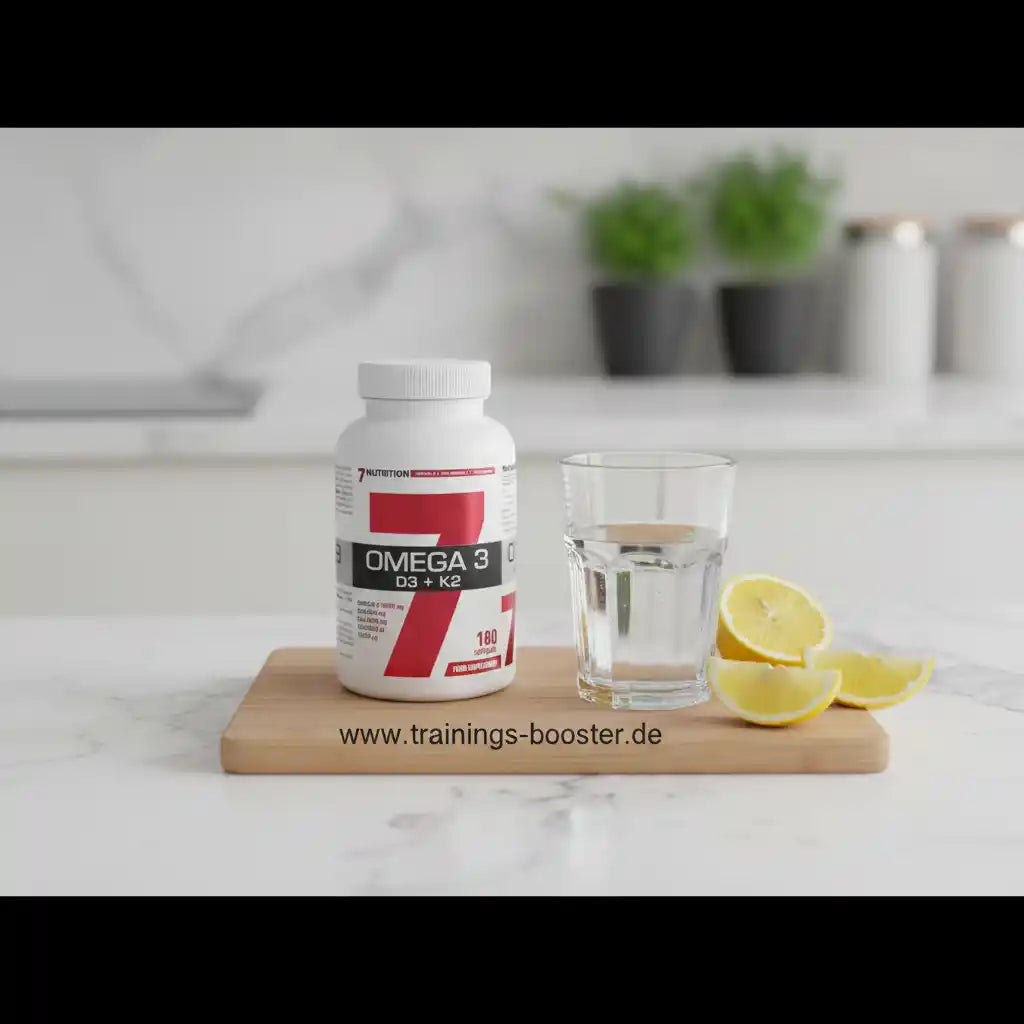 Omega-3 D3 + K2 Nahrungsergänzungsmittel mit Zitronenscheiben und Wasser auf Holzbrett