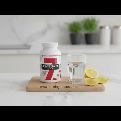 Omega-3 D3 + K2 Nahrungsergänzungsmittel mit Zitronenscheiben und Wasser auf Holzbrett