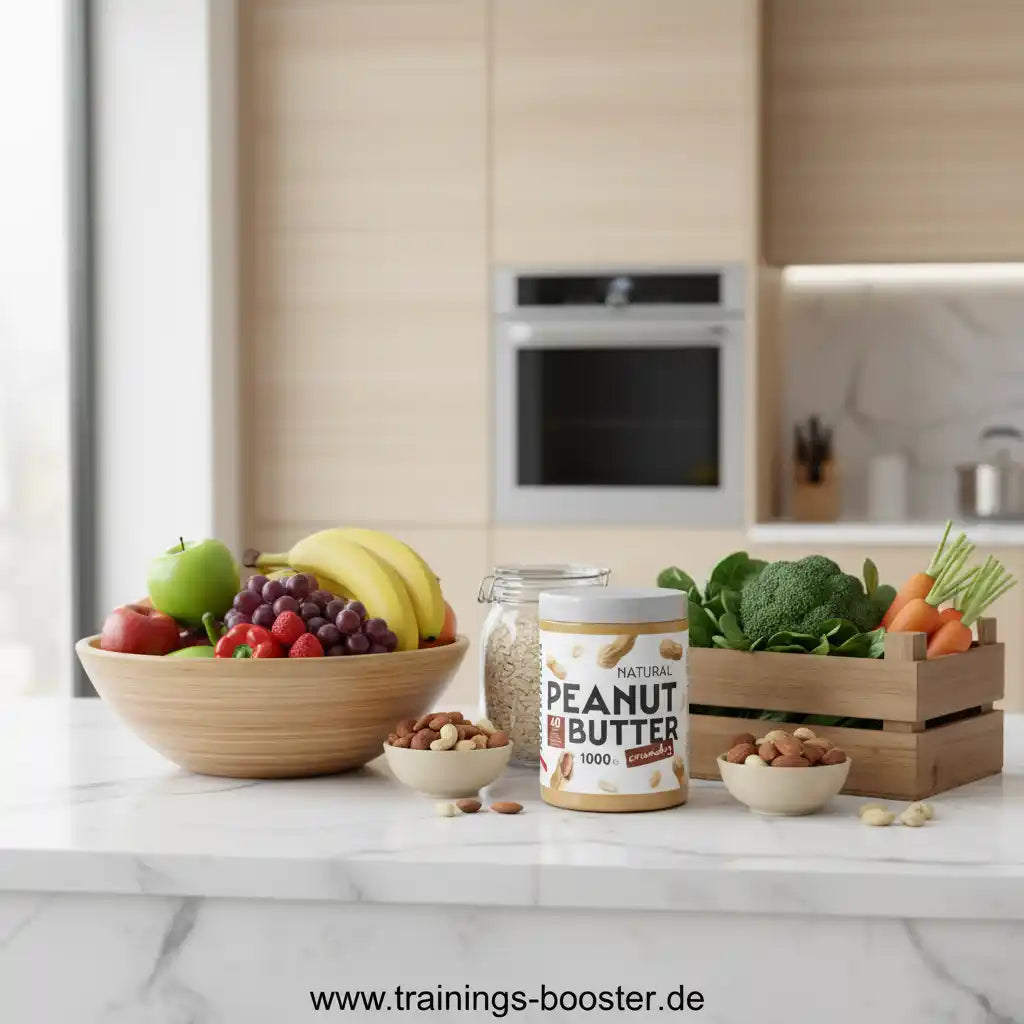 Natürliche Erdnussbutter 1000g mit Obst, Gemüse und Nüssen in moderner Küche