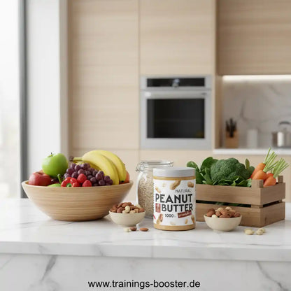 Natürliche Erdnussbutter 1000g mit Obst, Gemüse und Nüssen in moderner Küche