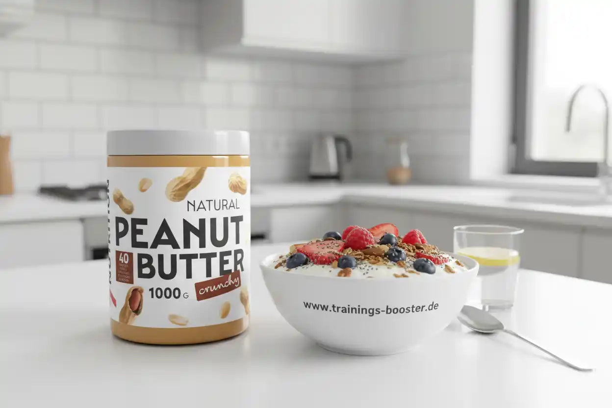 Natürliches knuspriges Erdnussbutter 1000g neben Müslischale mit Beeren und Joghurt