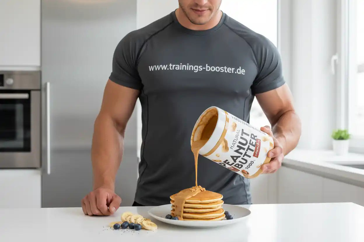 Muskulöser Mann gießt Erdnussbutter auf Pancakes mit Beeren – ideal für Sportnahrung und Booster