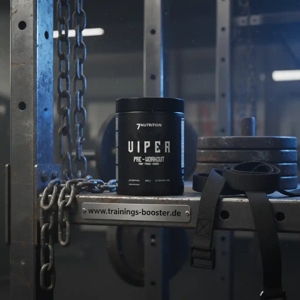 7Nutrition Viper Pre-Workout Booster auf Fitnessgerüst mit Ketten und Gewichten