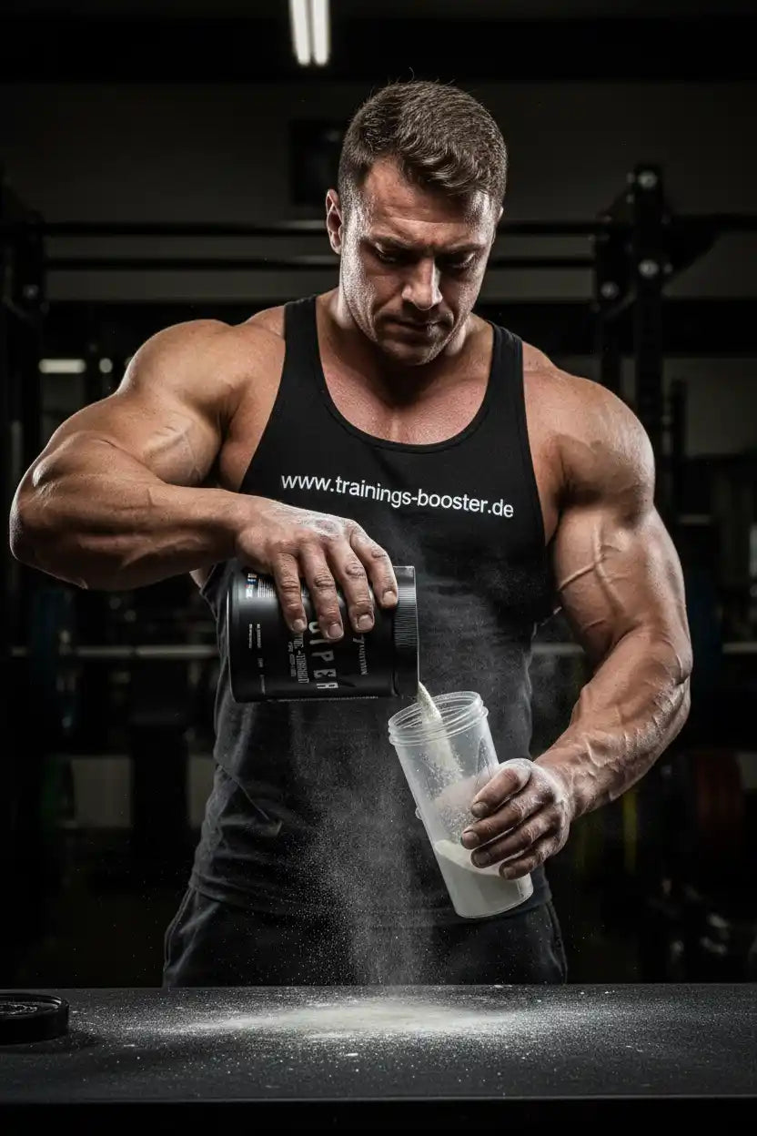 Muskulöser Mann gießt Sportnahrung in Shaker, ideal für Fitness und Training