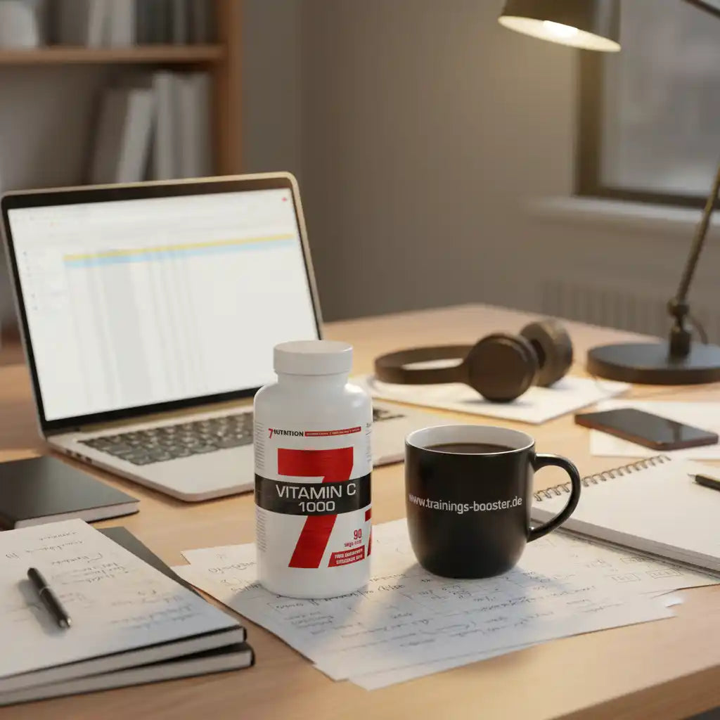 Vitamin C 1000 mg Flasche auf Schreibtisch mit Laptop und Kaffeetasse, ideal für Sportler und Gesundheit