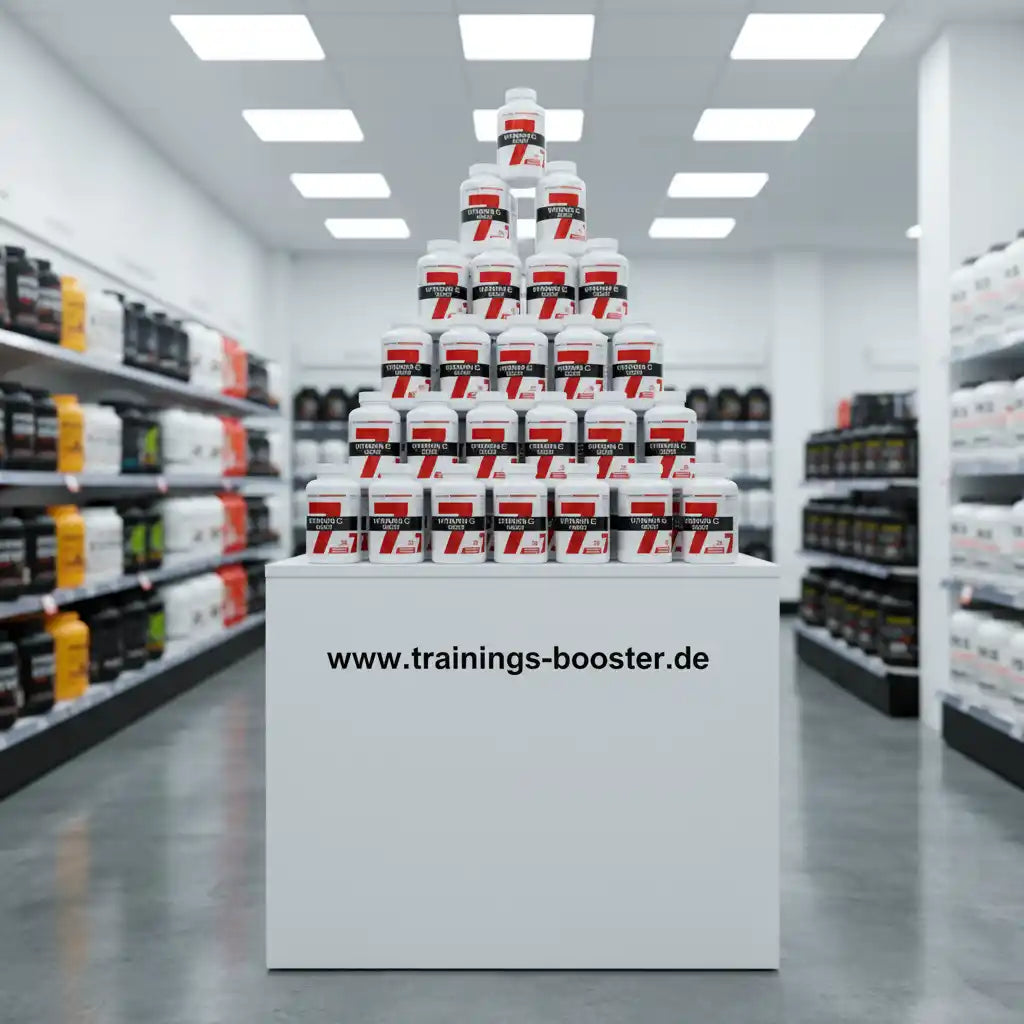Pyramide aus Vitamin C Boostern in einem Sportnahrungsgeschäft