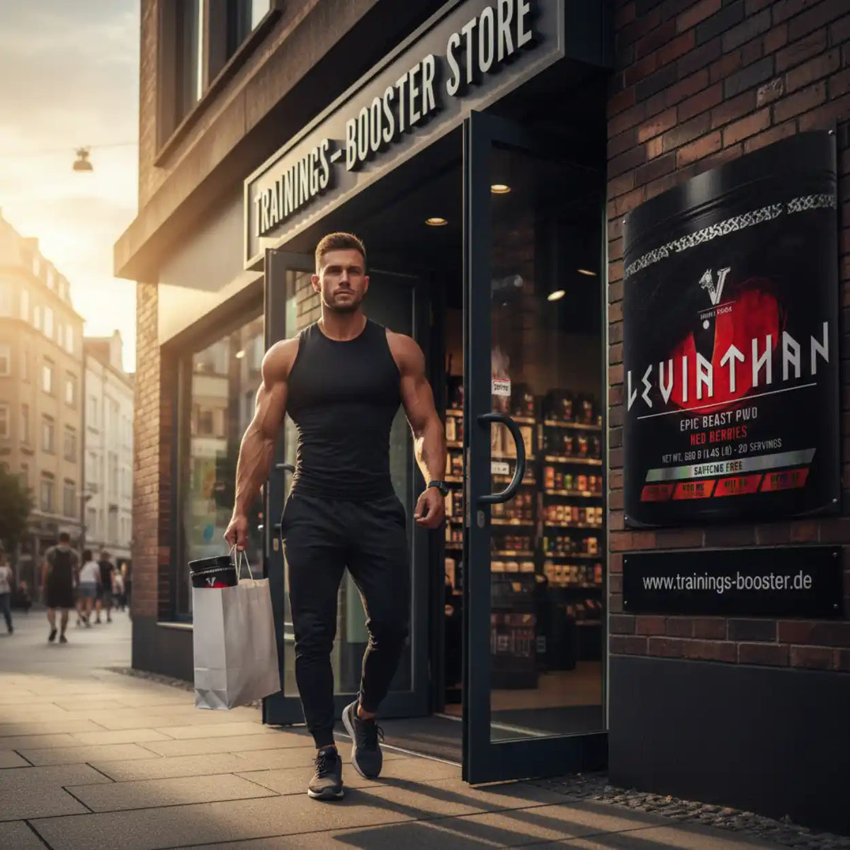 Muskulöser Mann mit Einkaufstüten verlässt einen Trainings-Booster Store.