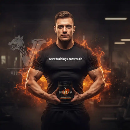 Muskulöser Mann hält Supplement-Dose vor feurigem Hintergrund im Fitnessstudio.